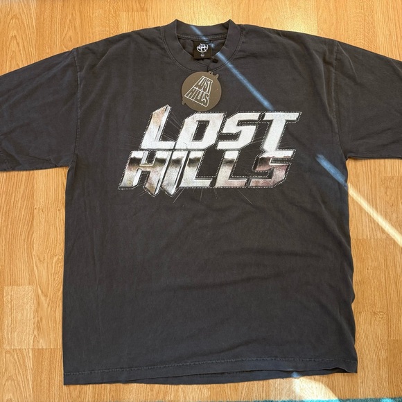 Lost Hills Rhinestone Metallic Logo Tee – Washed Black – Size XL – NWT